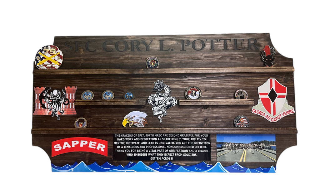 Custom Challenge Coin Display-Any Logo-36 inches Wide for Marines, Army, Air Force-PCS, ETS, Retirement gift/plaque