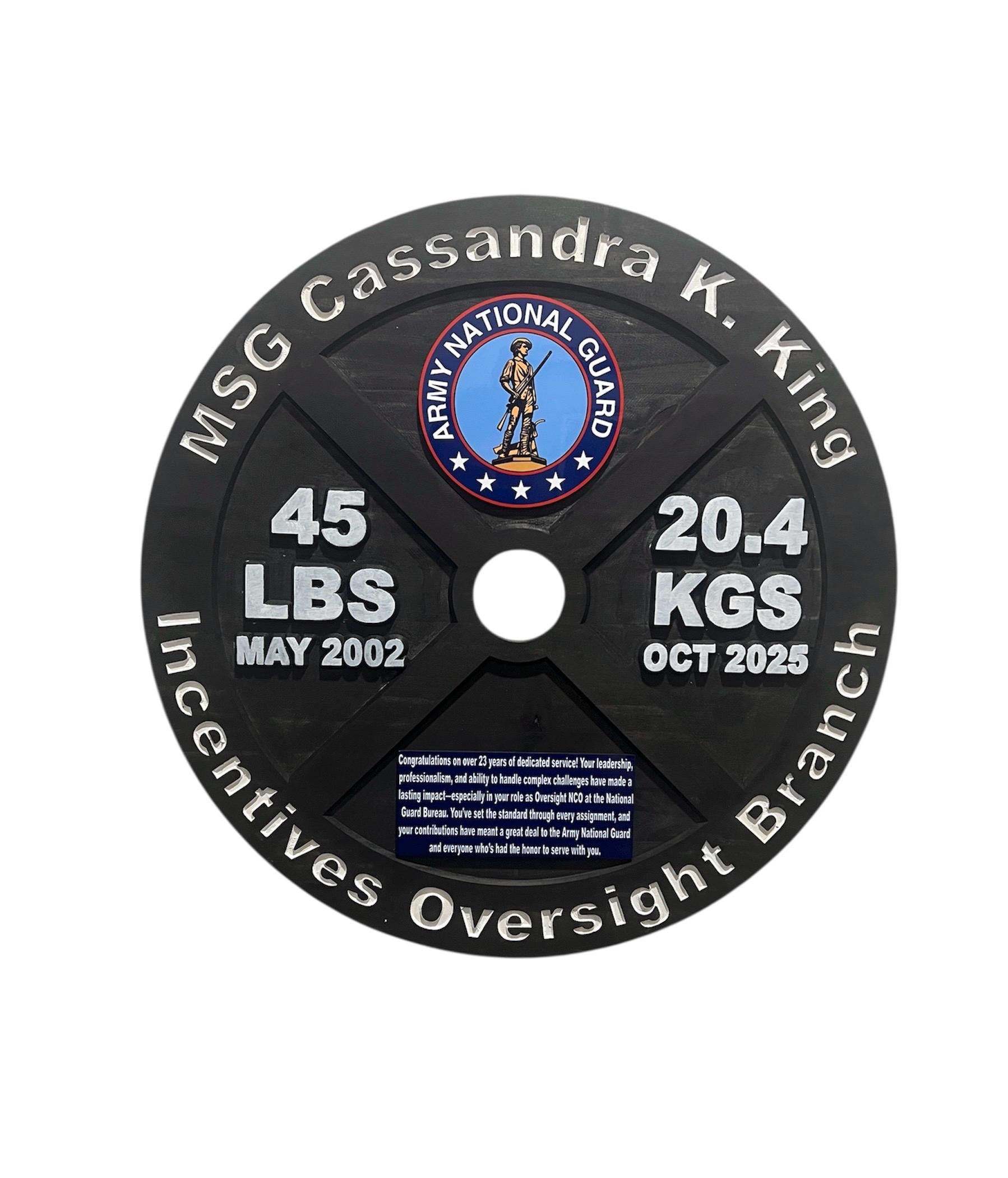 16-19.5 Inch Black PCS/ETS/Retirement Plaque, 45LB Plate